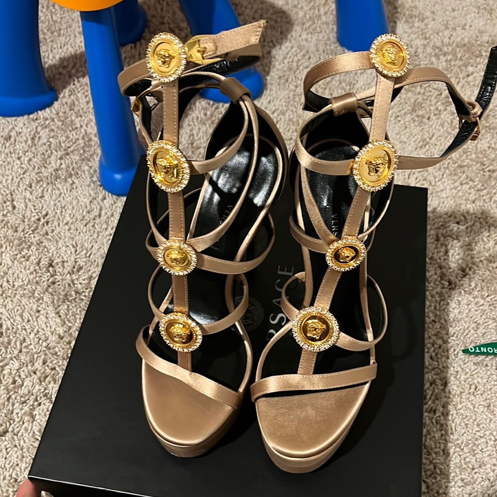 Gold silk Versace runway straps open toe pumps